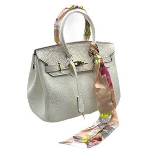 Ainifeel Leather Chic White and Pink‎ Satchel with Gold Hardware
